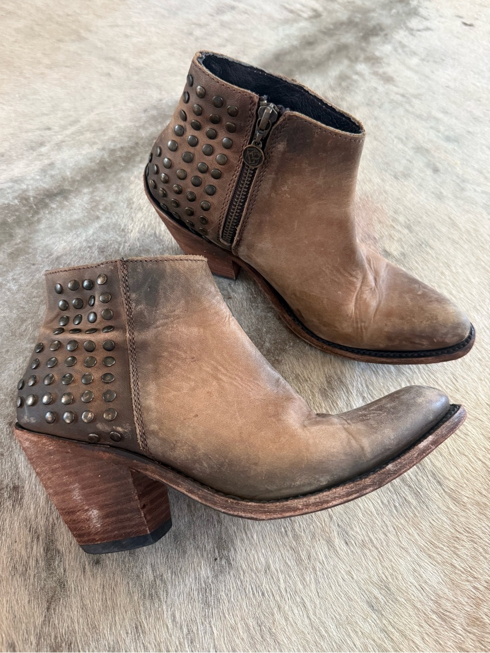 LIBERTY Black Tan Studded Leather Ankle Booties, Made in Mexico